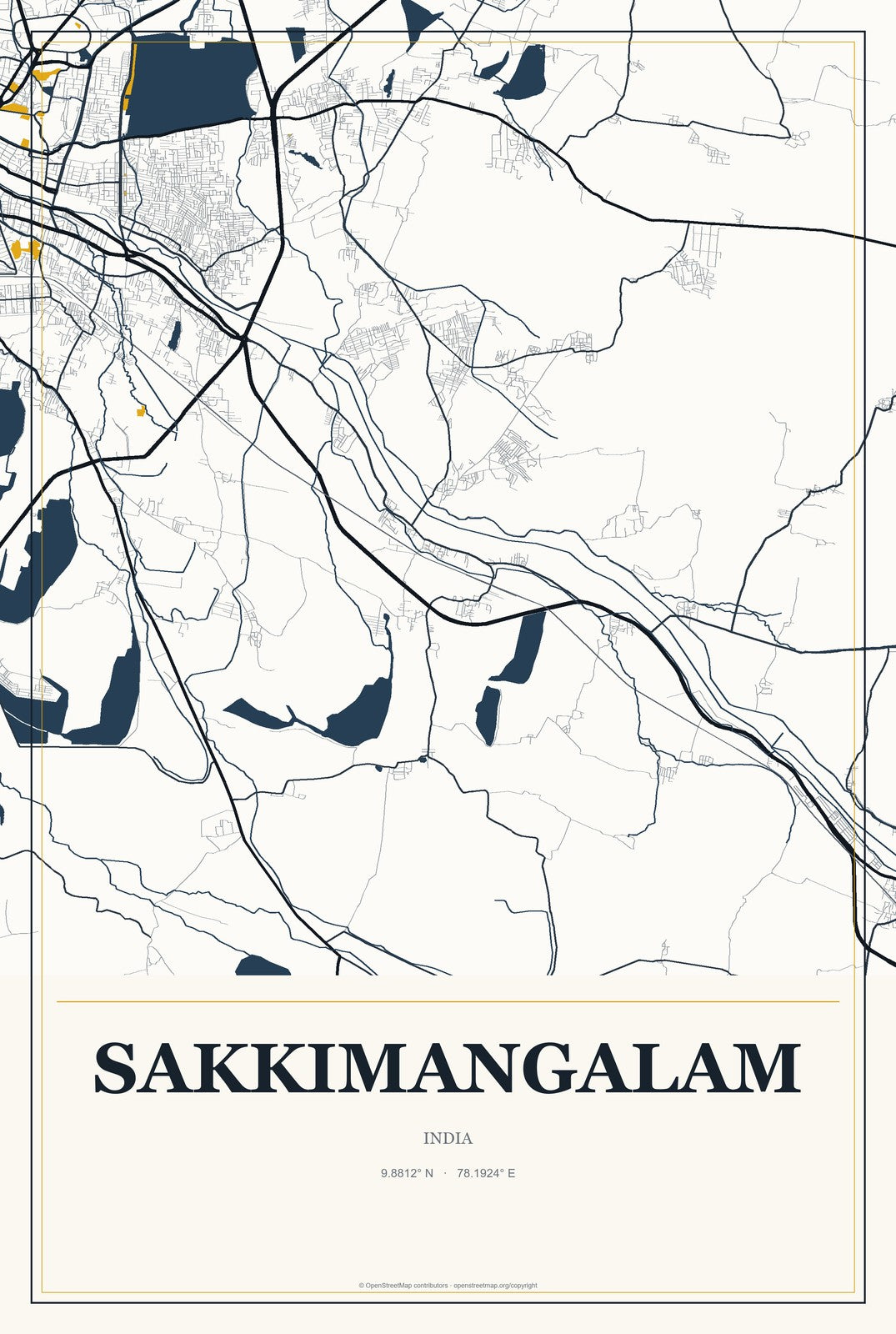 Sakkimangalam, India City Map Aluminum Sign in Citrine Modern style