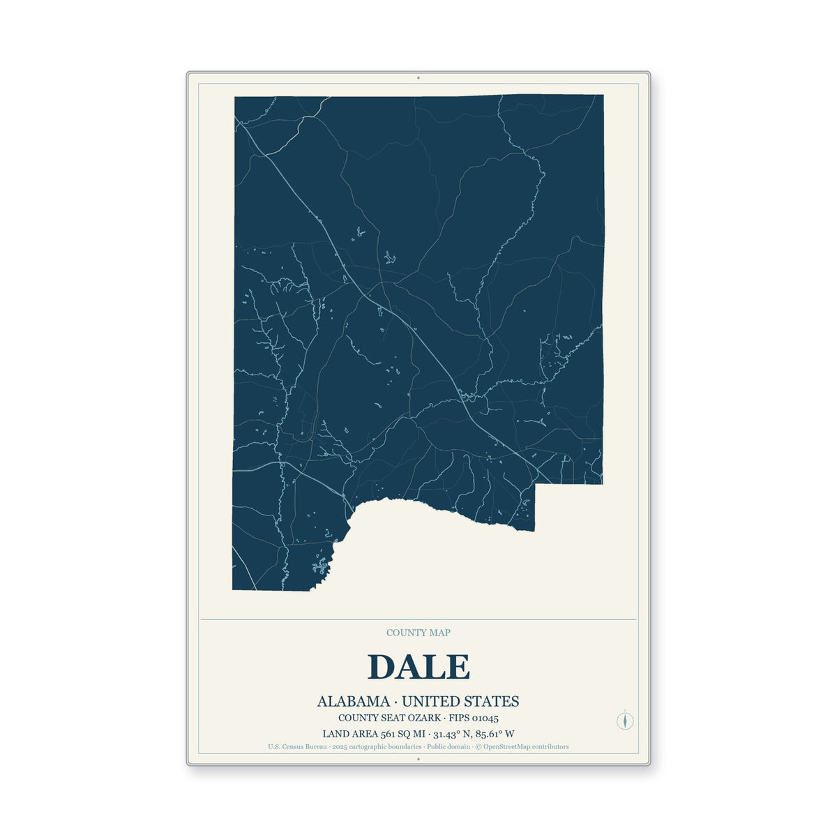 Dale County, Alabama Map Aluminum Sign in Coastal Cutout style