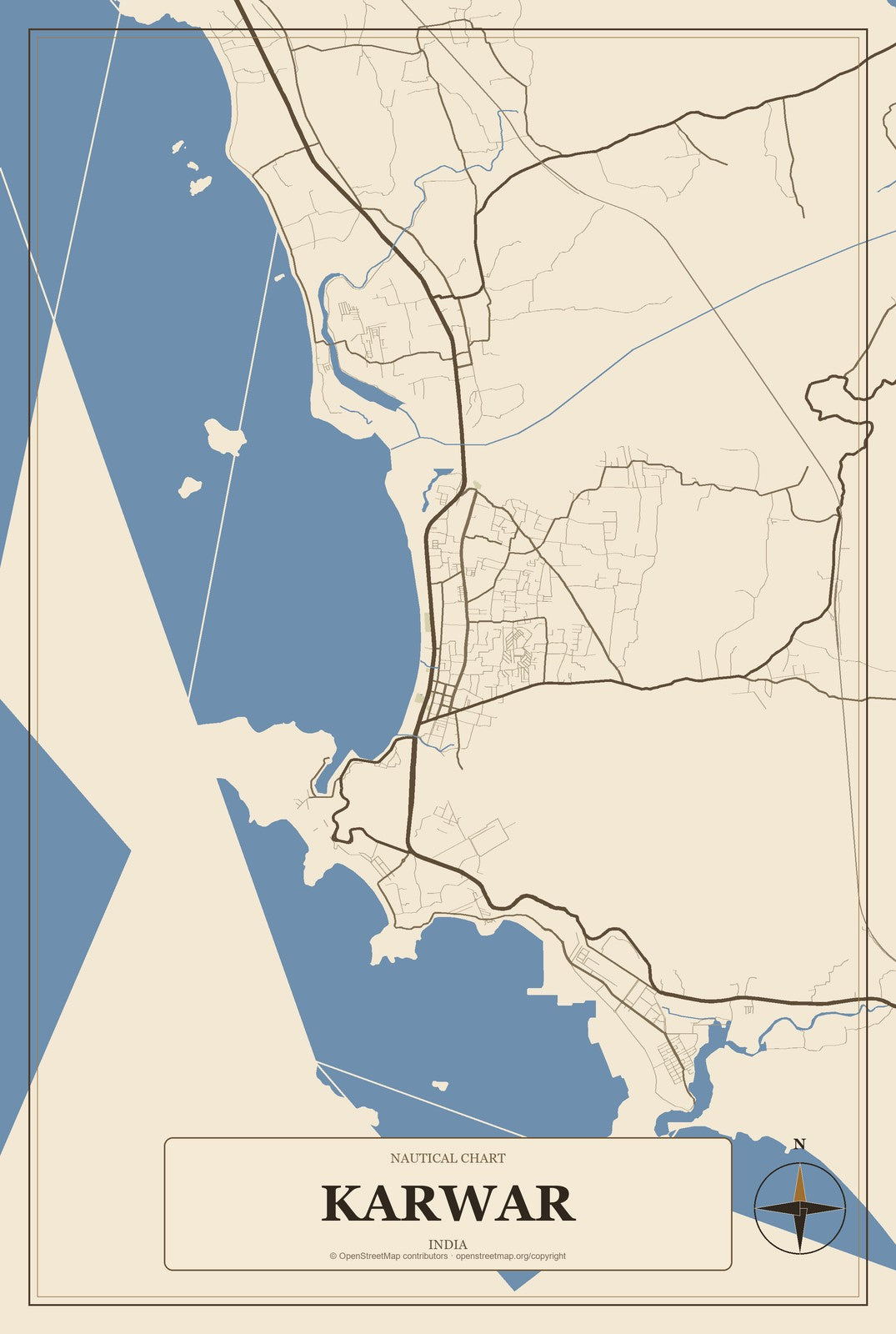 Karwar, India City Map Aluminum Sign in Heritage Nautical style