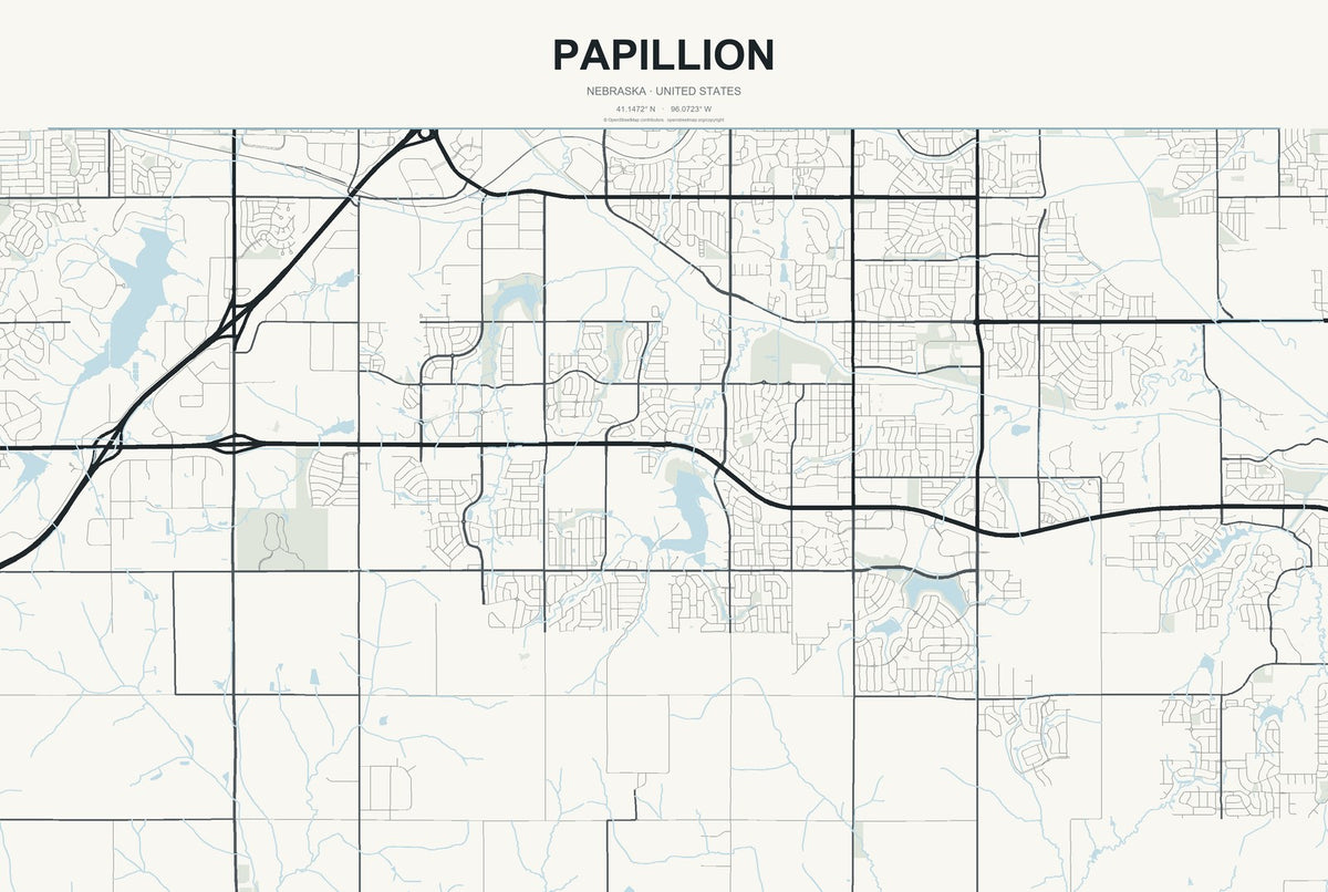 Papillion, Nebraska City Map Aluminum Sign in Headline Atlas style
