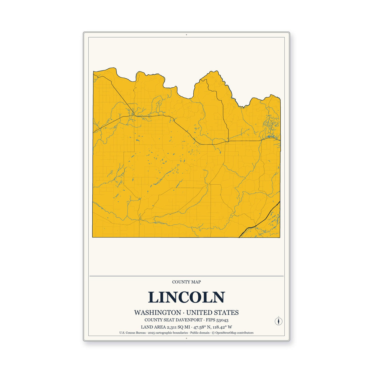 Lincoln County, Washington Map Aluminum Sign in Citrine Modern style