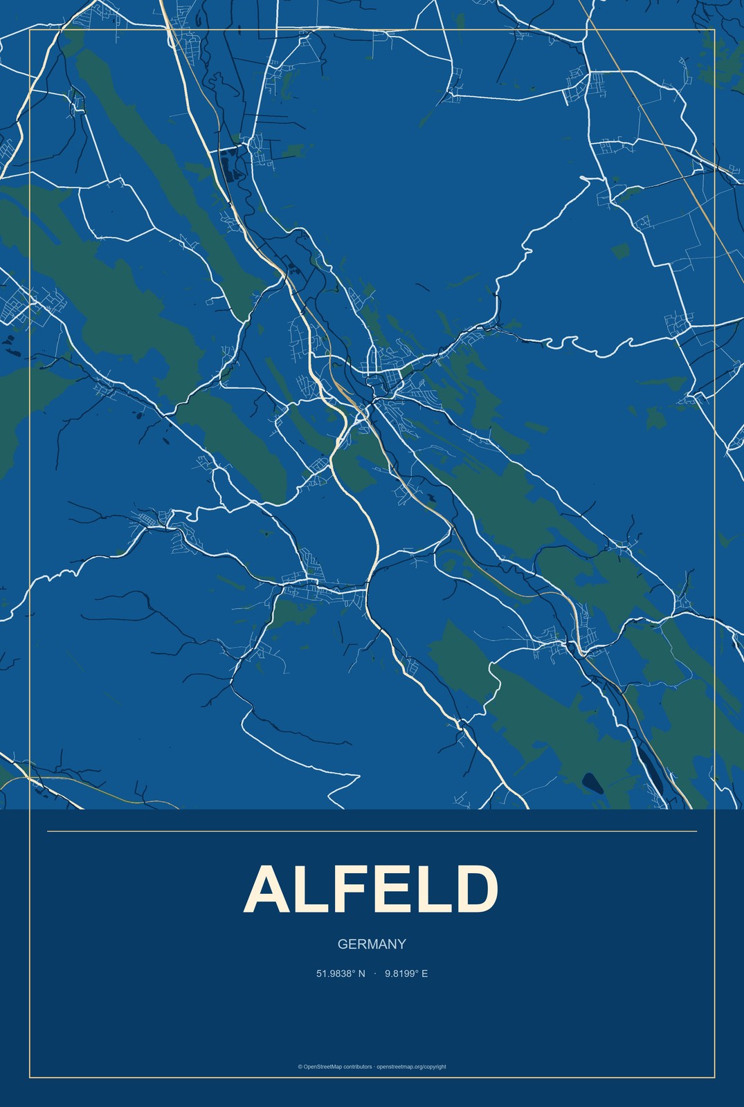 Alfeld, Germany City Map Aluminum Sign in Harbor Cobalt style