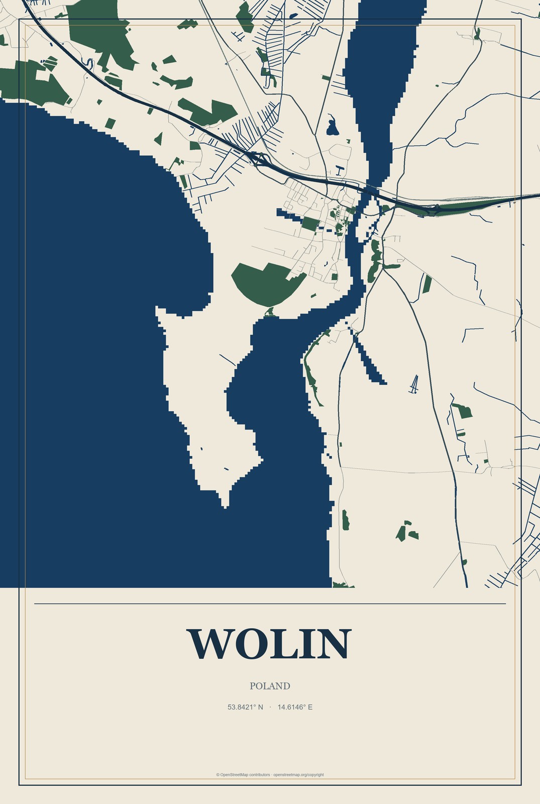 Wolin, Poland City Map Aluminum Sign in Coastal Cutout style