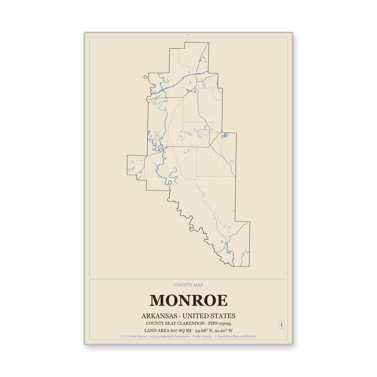 Monroe County, Arkansas Map Aluminum Sign in Heritage Nautical style