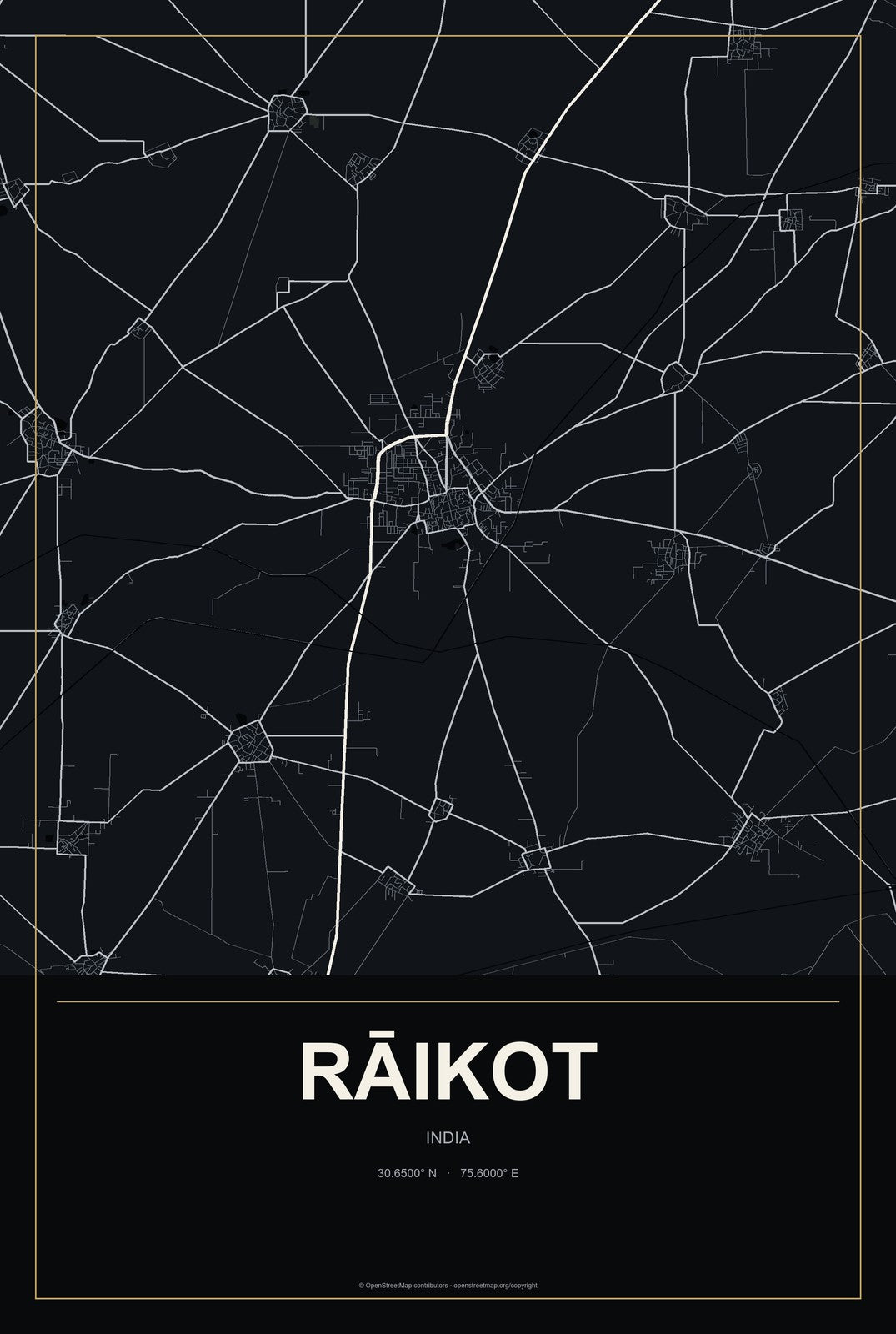 Rāikot, India City Map Aluminum Sign in Metropolitan Noir style