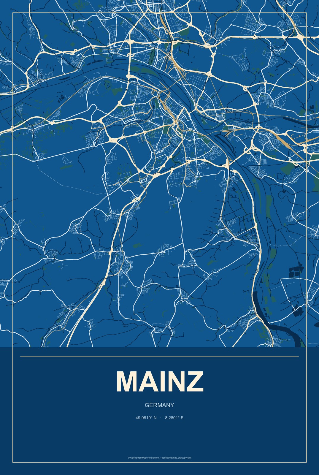 Mainz, Germany City Map Aluminum Sign in Harbor Cobalt style