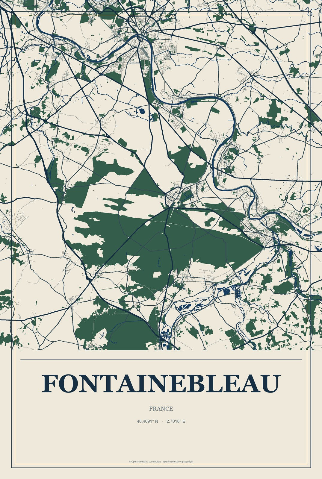 Fontainebleau, France City Map Aluminum Sign in Coastal Cutout style
