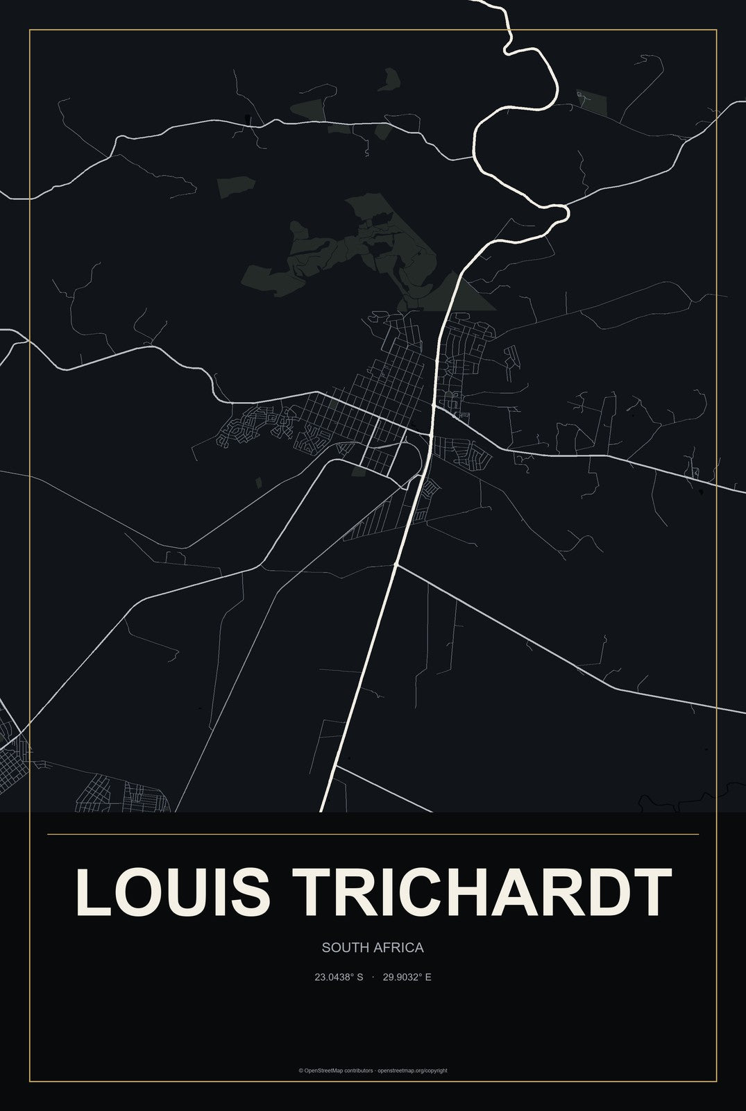 Louis Trichardt, South Africa City Map Aluminum Sign in Metropolitan Noir style
