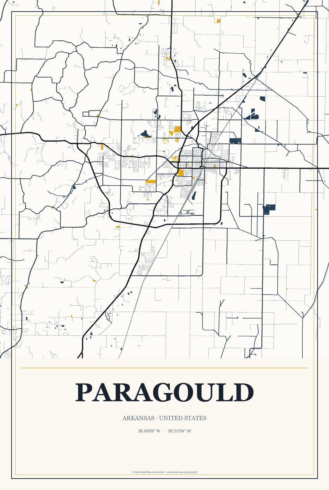 Paragould, Arkansas City Map Aluminum Sign in Citrine Modern style
