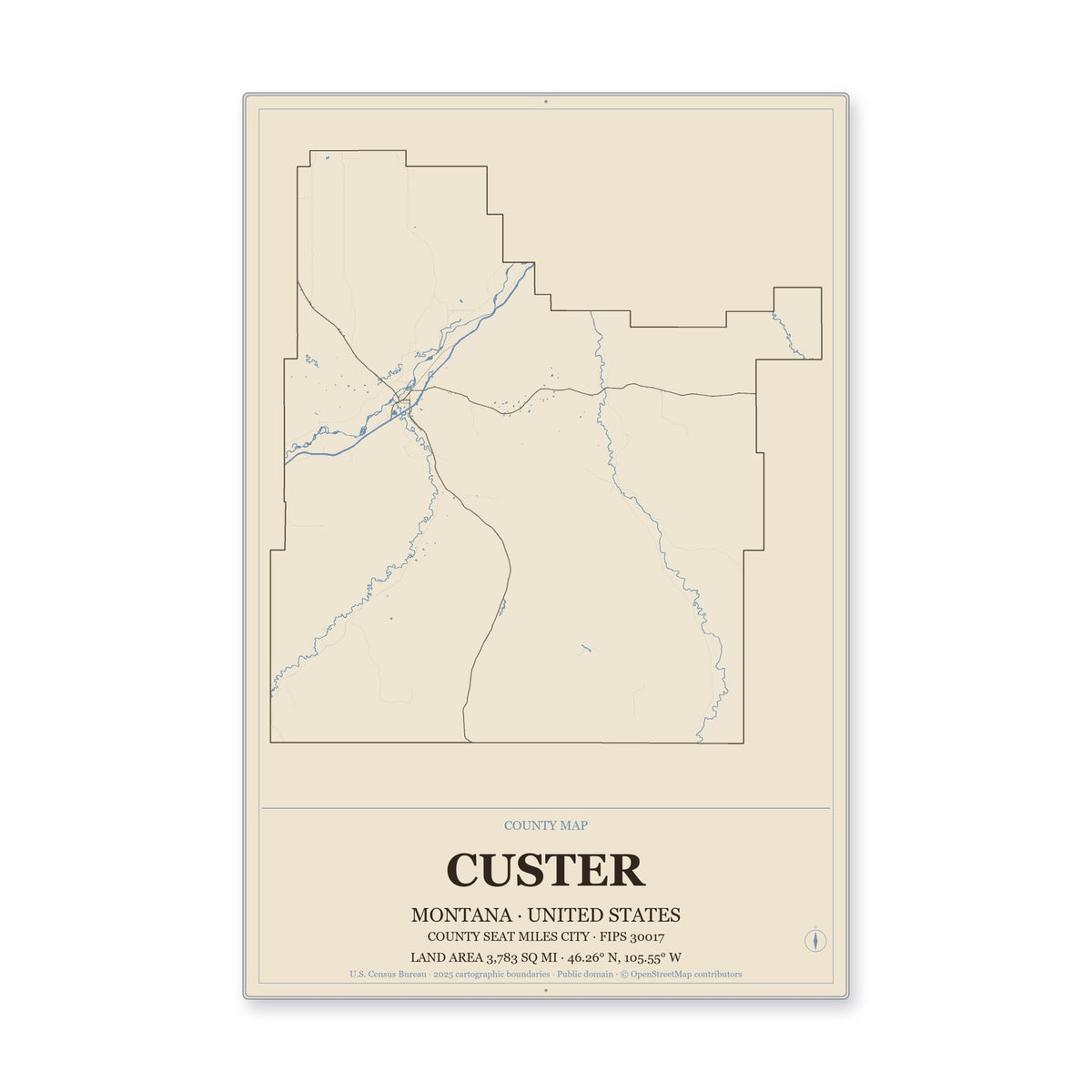 Custer County, Montana Map Aluminum Sign in Heritage Nautical style