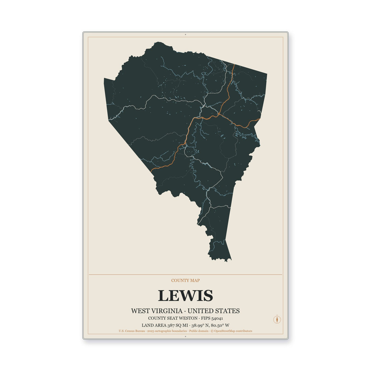 Lewis County, West Virginia Map Aluminum Sign in Headline Atlas style