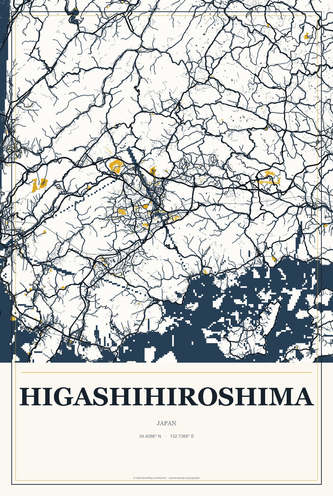 Higashihiroshima, Japan City Map Aluminum Sign in Citrine Modern style