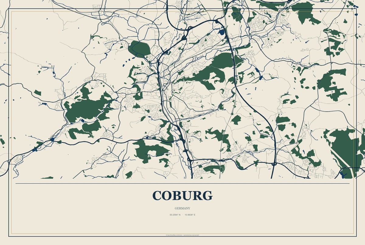 Coburg, Germany City Map Aluminum Sign in Coastal Cutout style
