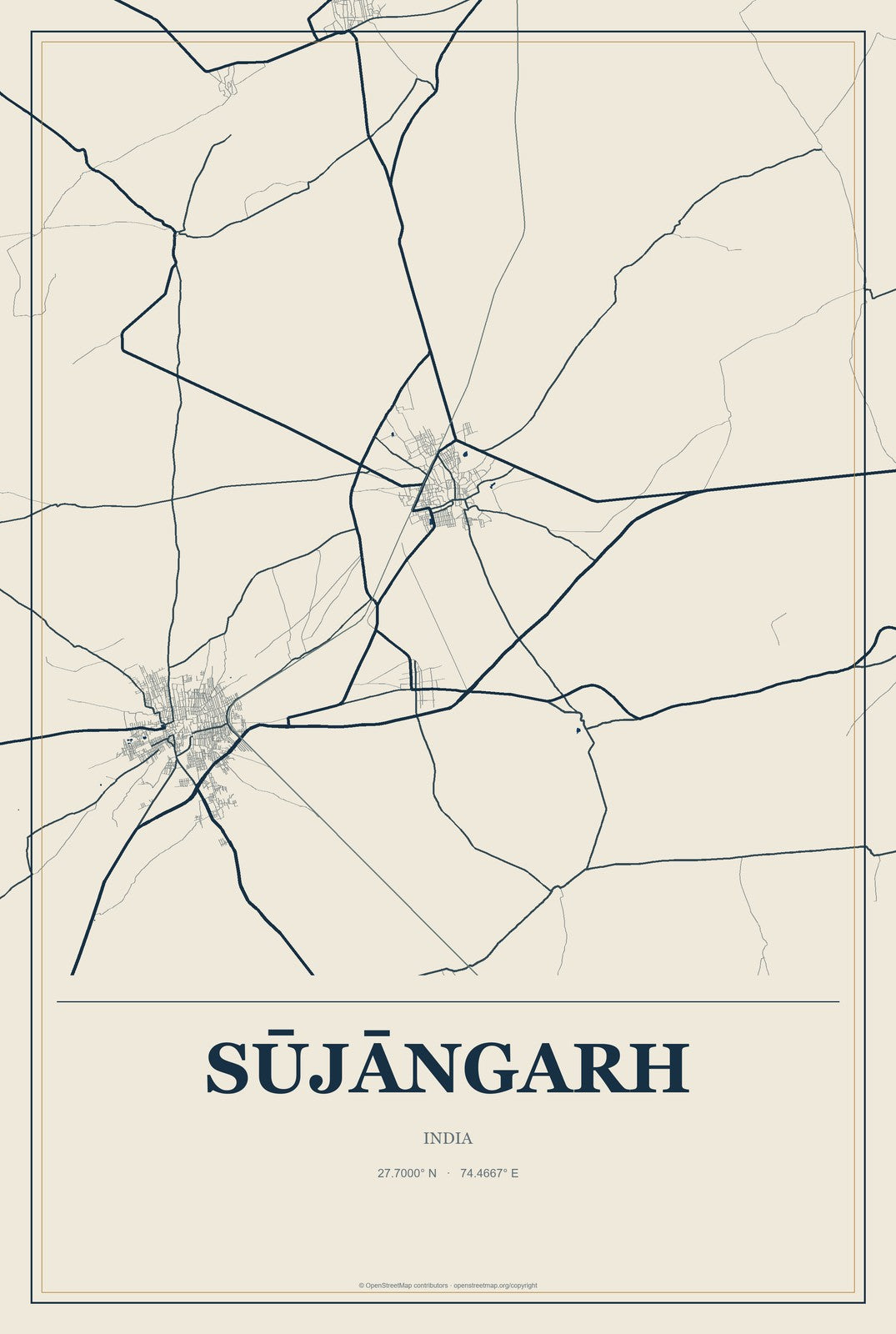 Sūjāngarh, India City Map Aluminum Sign in Coastal Cutout style