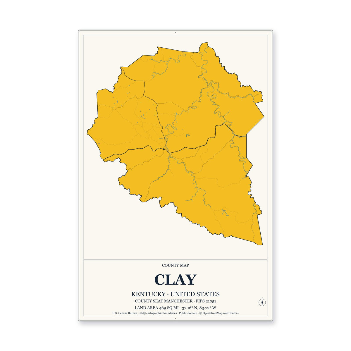 Clay County, Kentucky Map Aluminum Sign in Citrine Modern style