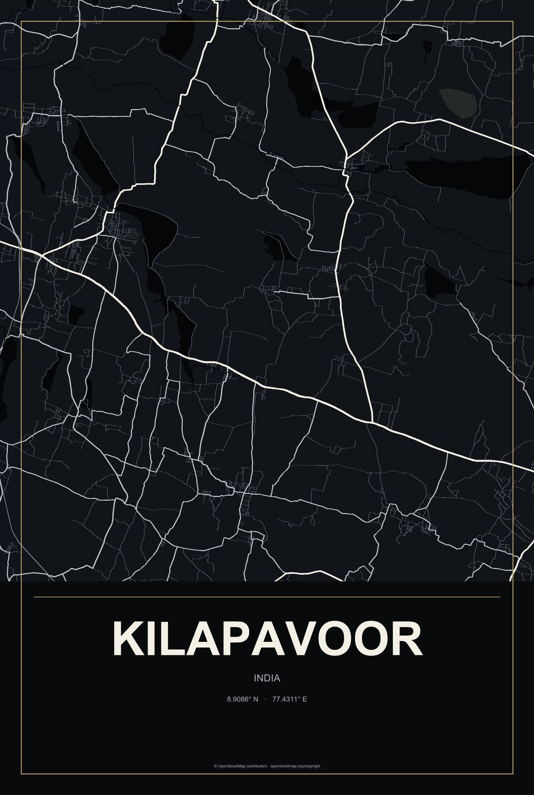 Kilapavoor, India City Map Aluminum Sign in Metropolitan Noir style