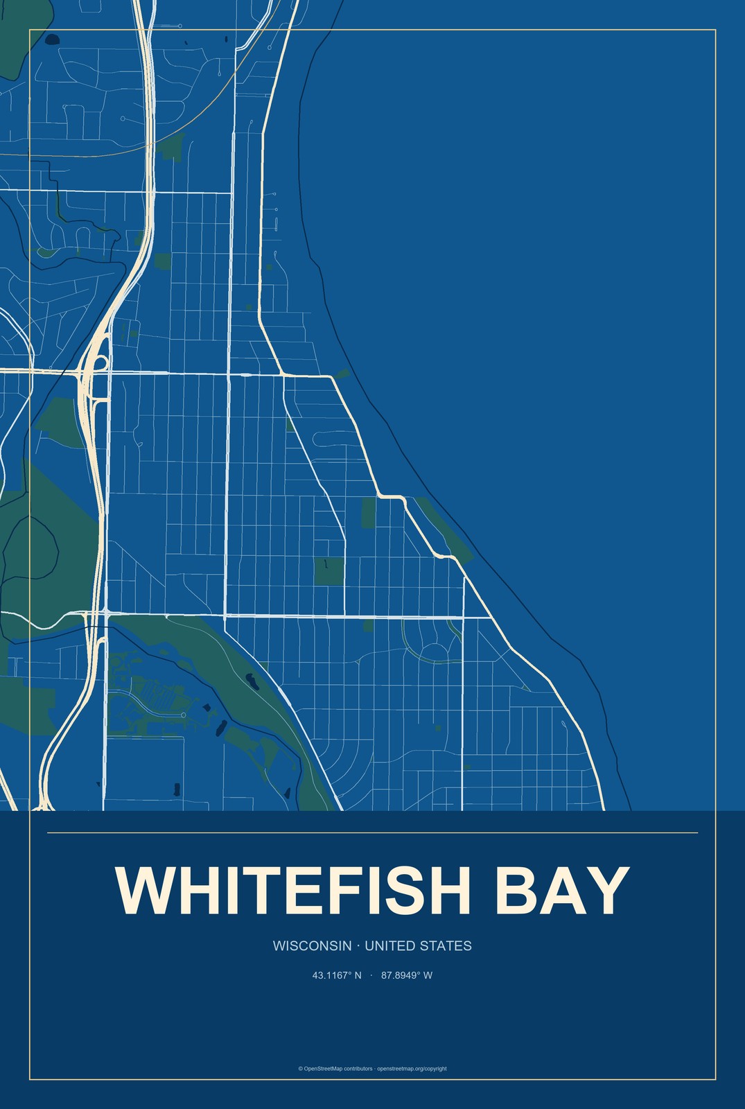 Whitefish Bay, Wisconsin City Map Aluminum Sign in Harbor Cobalt style