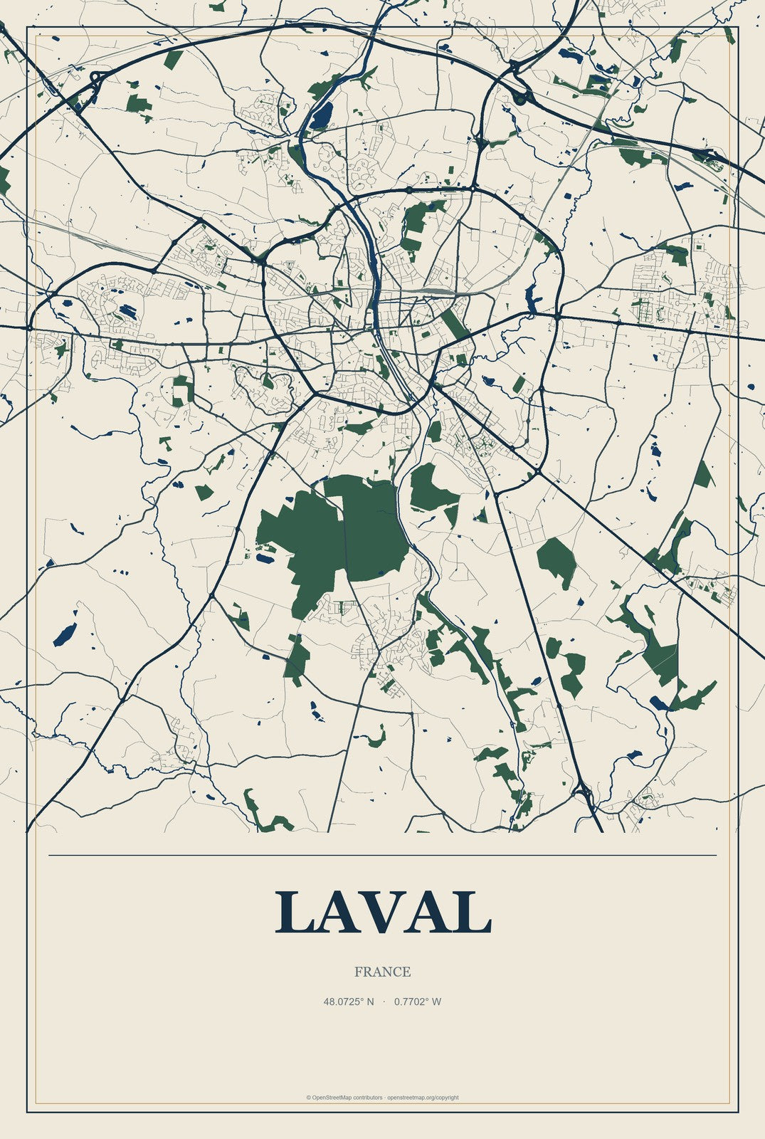 Laval, France City Map Aluminum Sign in Coastal Cutout style