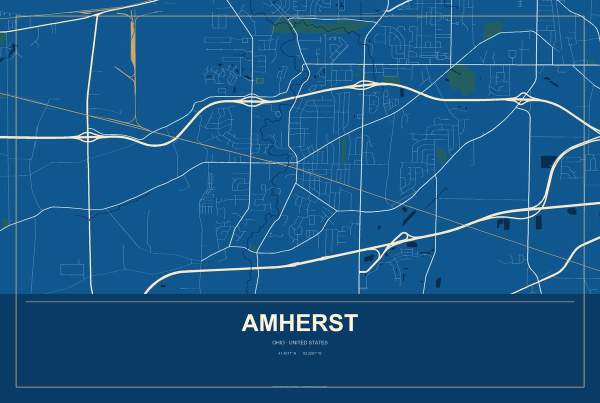 Amherst, Ohio City Map Aluminum Sign in Harbor Cobalt style