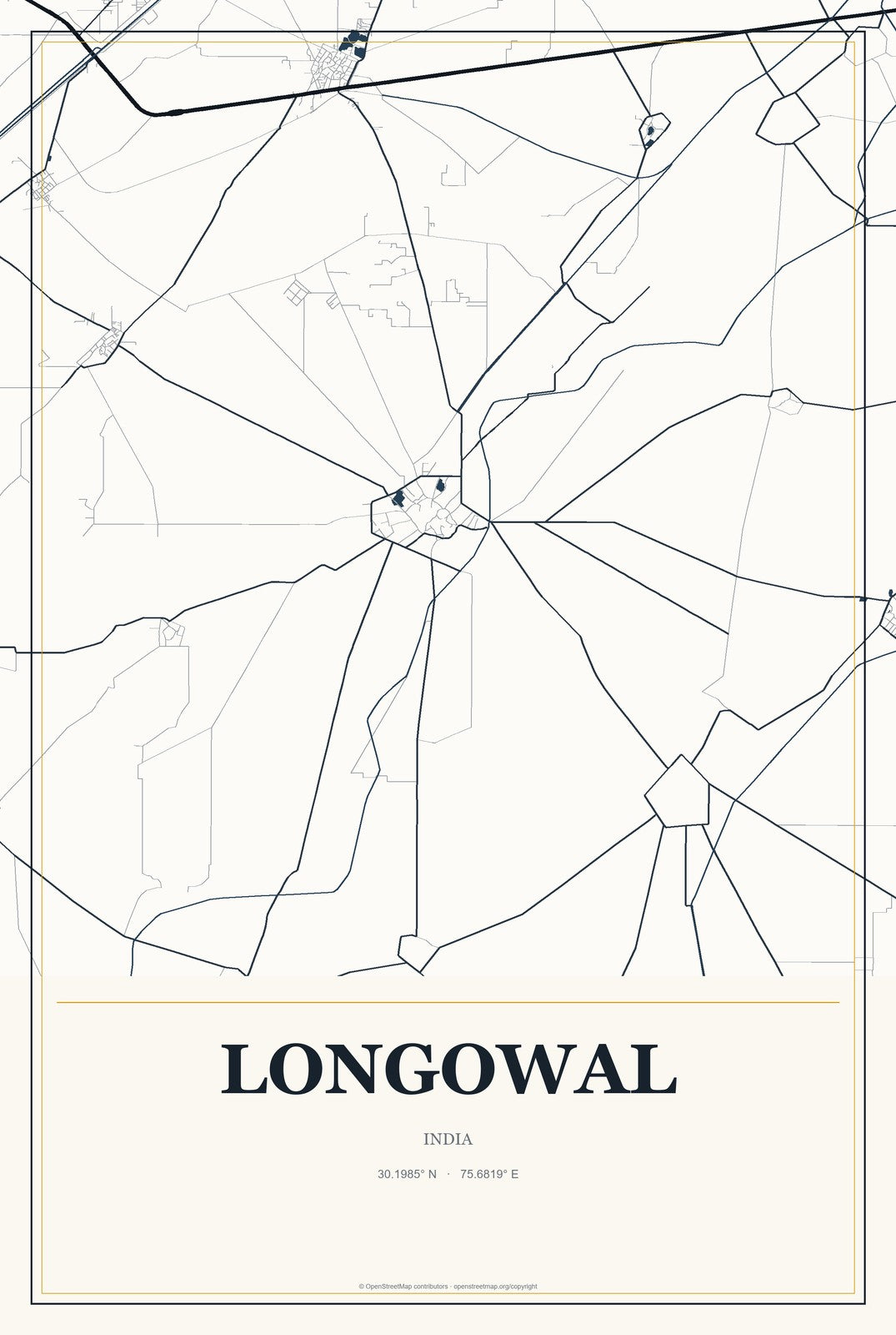 Longowal, India City Map Aluminum Sign in Citrine Modern style