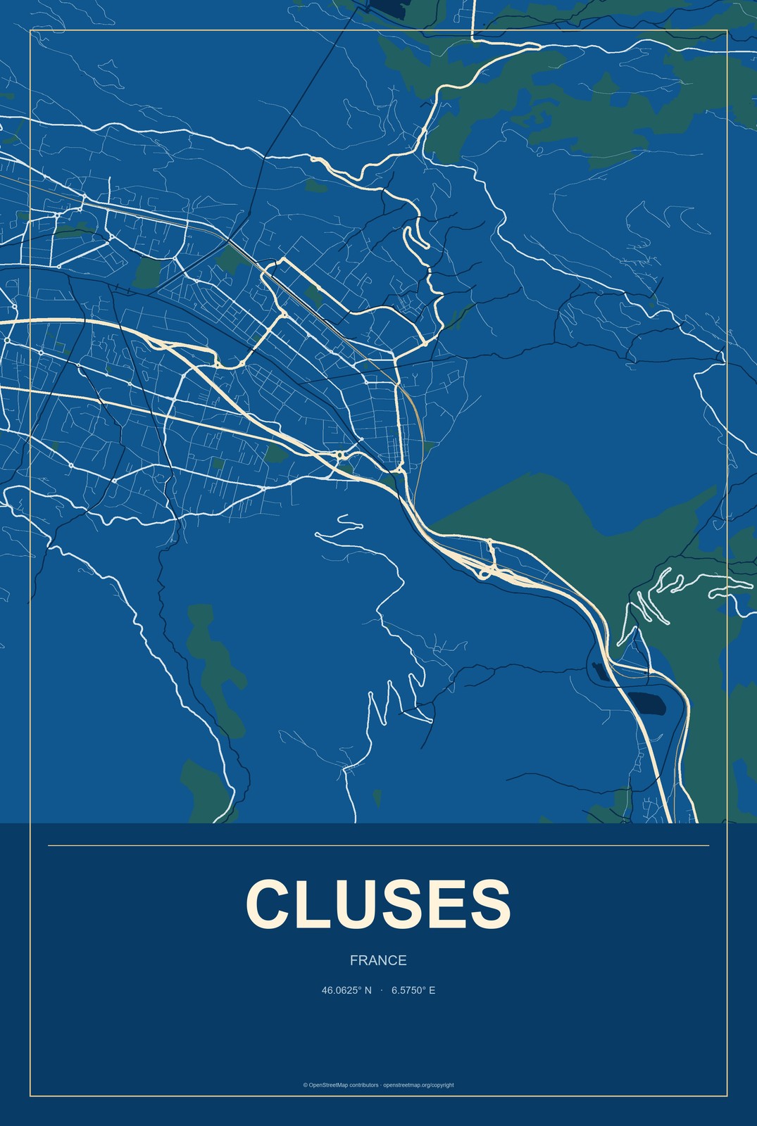 Cluses, France City Map Aluminum Sign in Harbor Cobalt style