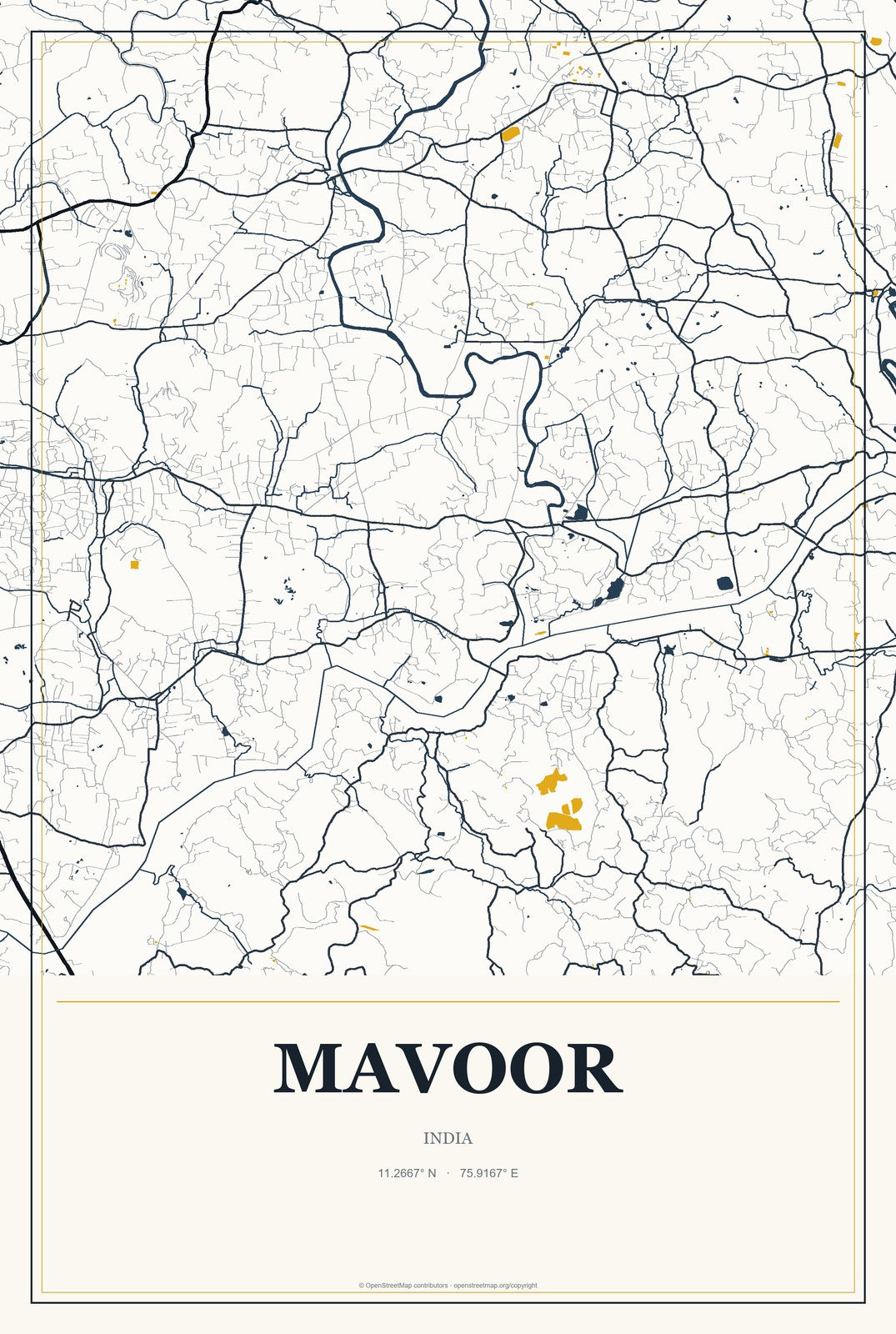 Mavoor, India City Map Aluminum Sign in Citrine Modern style