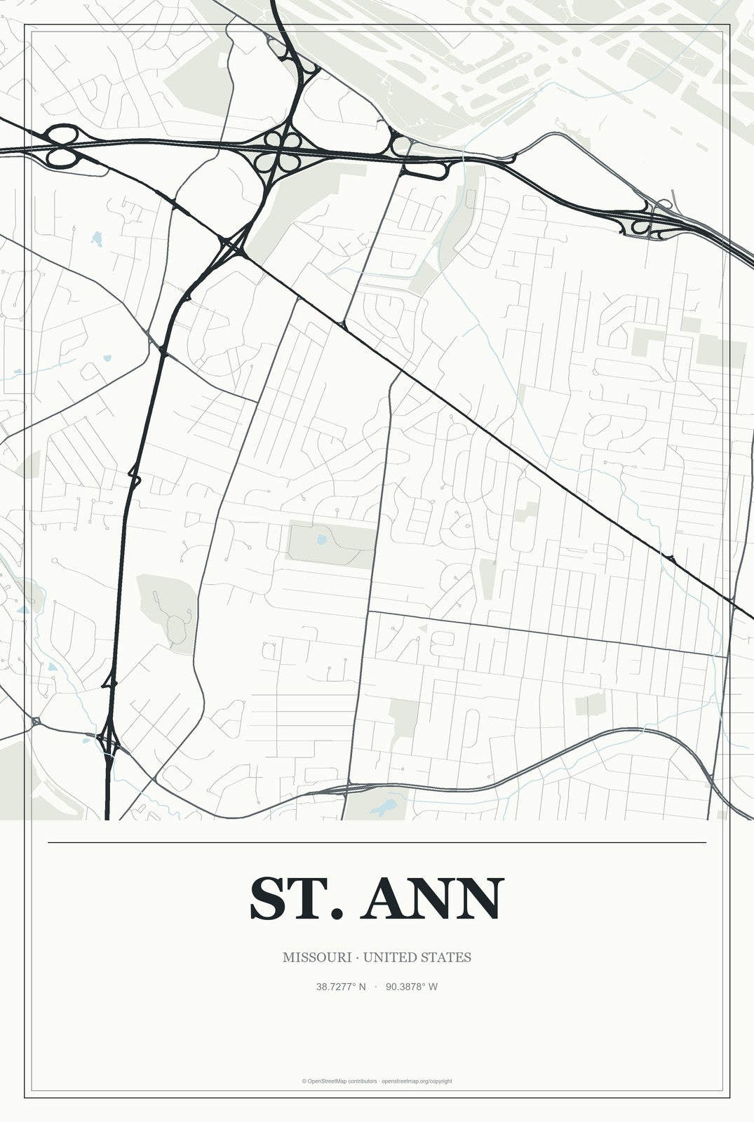 St. Ann, Missouri City Map Aluminum Sign in Gallery Air style