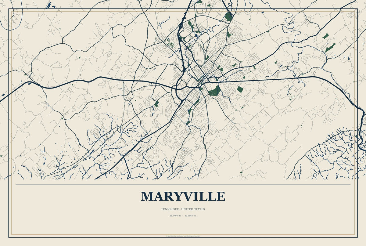 Maryville, Tennessee City Map Aluminum Sign in Coastal Cutout style