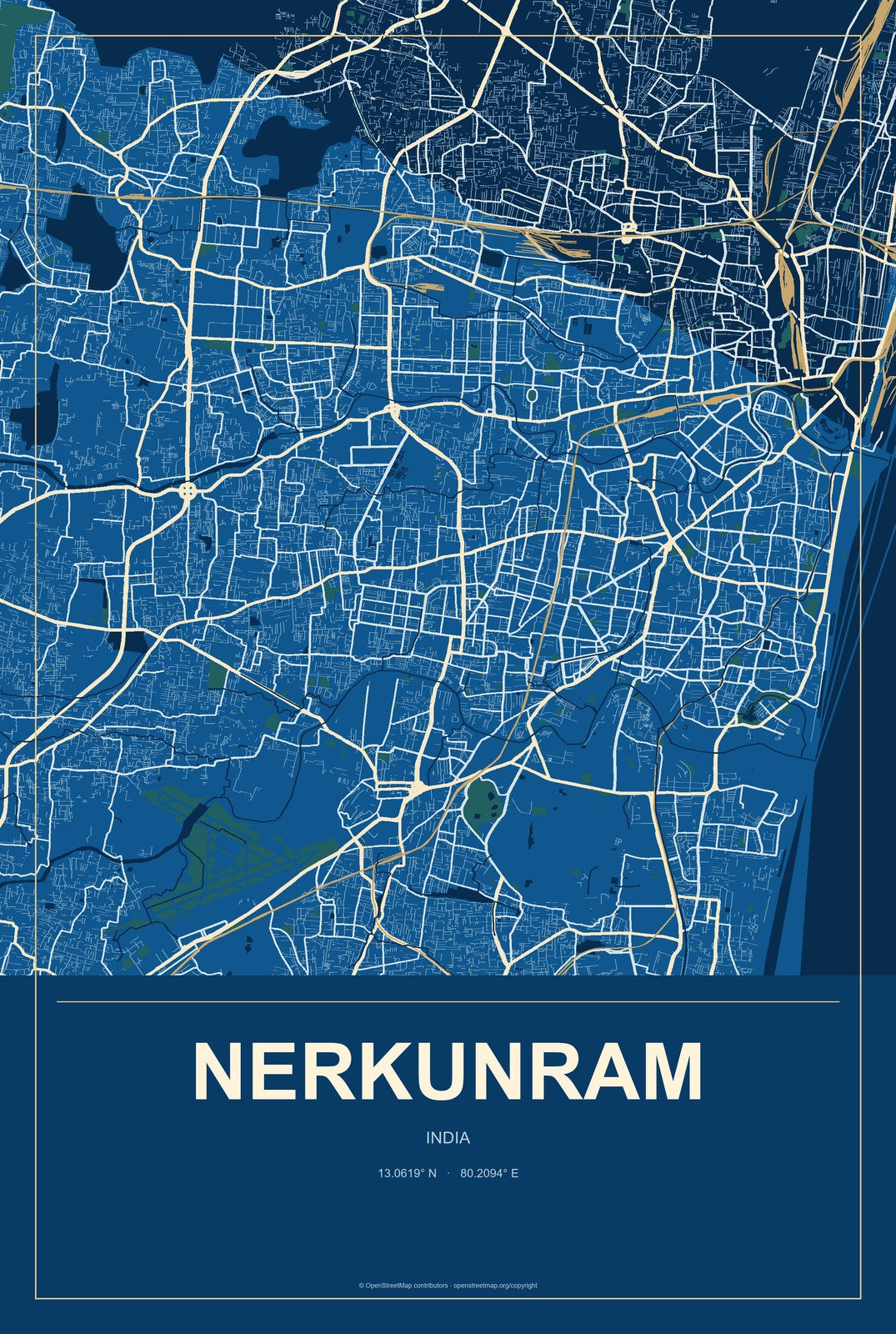 Nerkunram, India City Map Aluminum Sign in Harbor Cobalt style