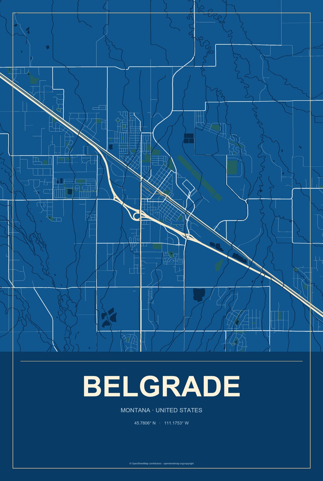Belgrade, Montana City Map Aluminum Sign in Harbor Cobalt style
