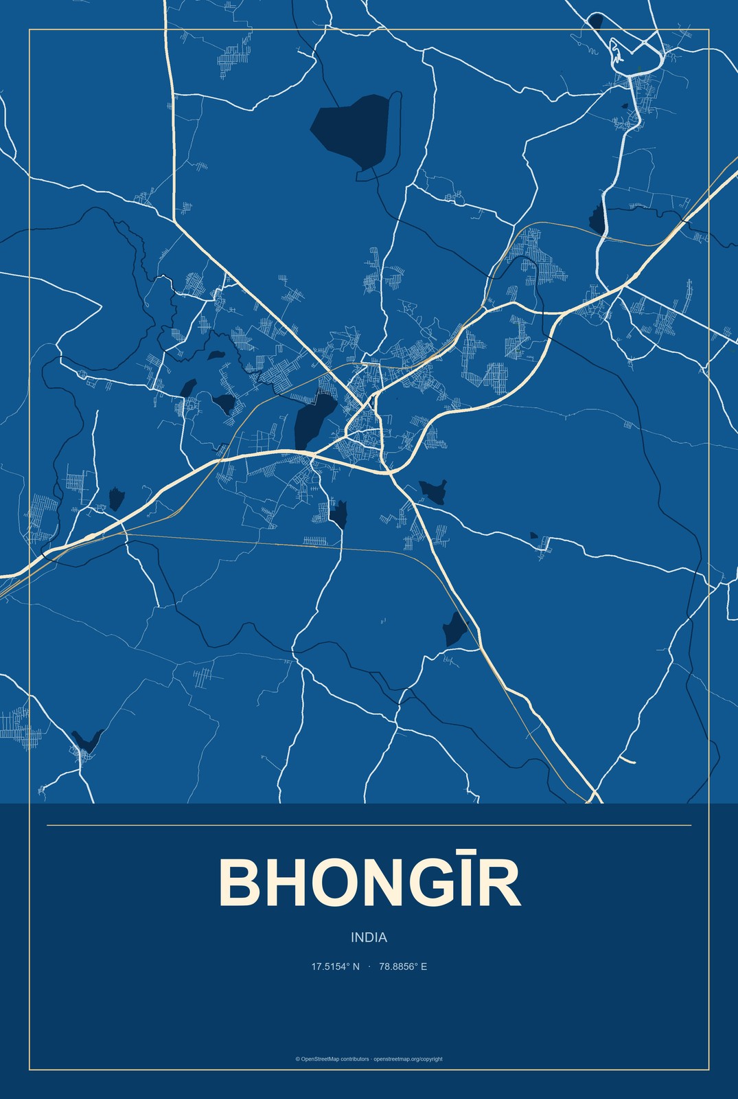 Bhongīr, India City Map Aluminum Sign in Harbor Cobalt style