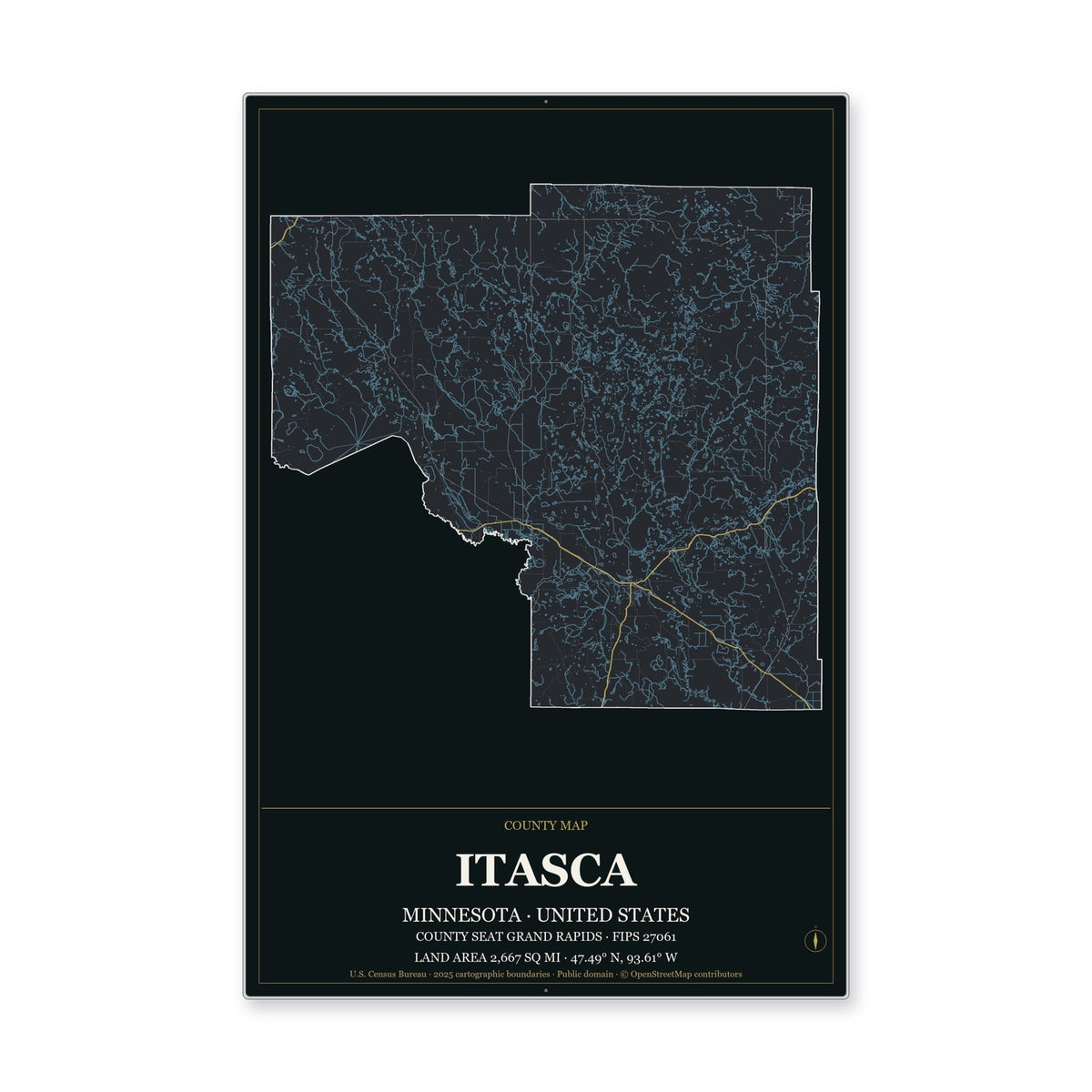 Itasca County, Minnesota Map Aluminum Sign in Metropolitan Noir style