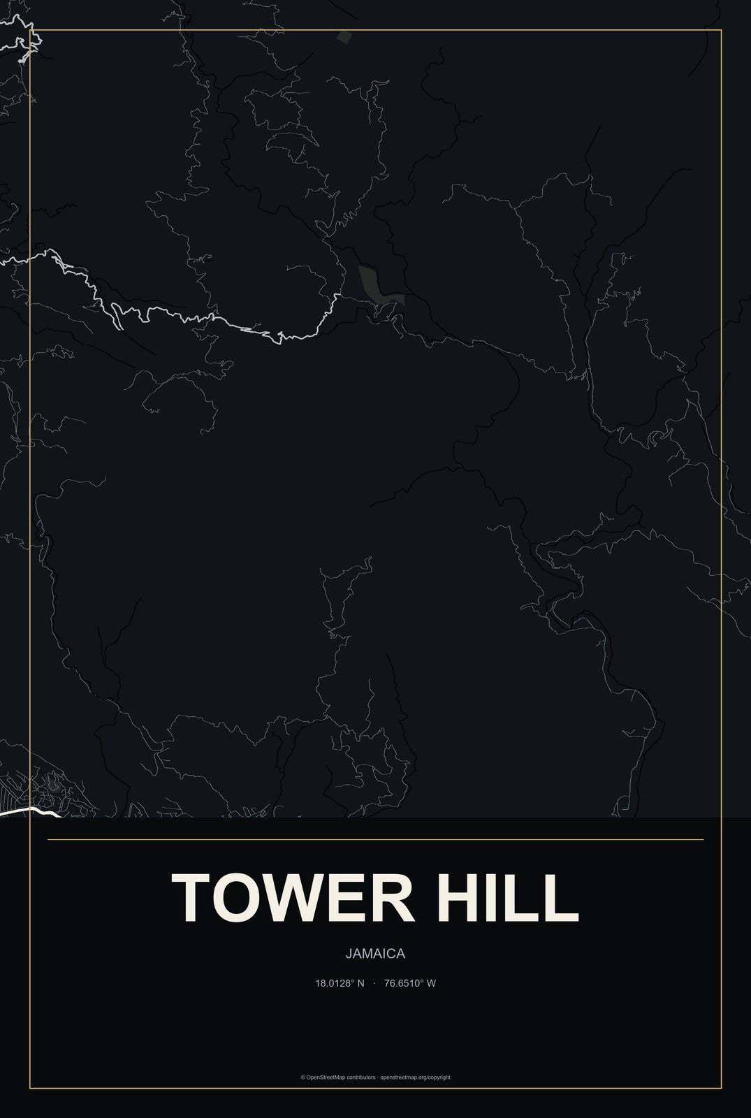Tower Hill, Jamaica City Map Aluminum Sign in Metropolitan Noir style