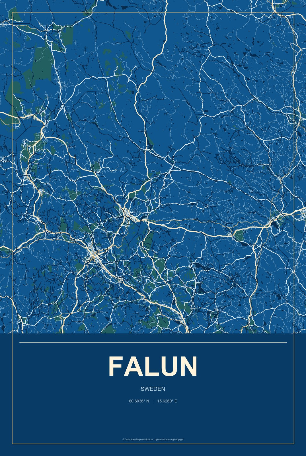 Falun, Sweden City Map Aluminum Sign in Harbor Cobalt style