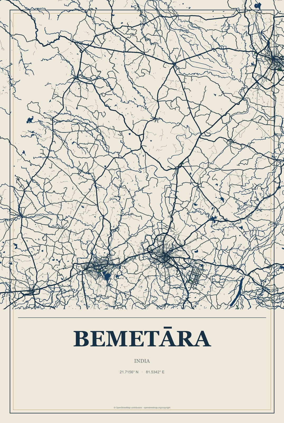 Bemetāra, India City Map Aluminum Sign in Coastal Cutout style
