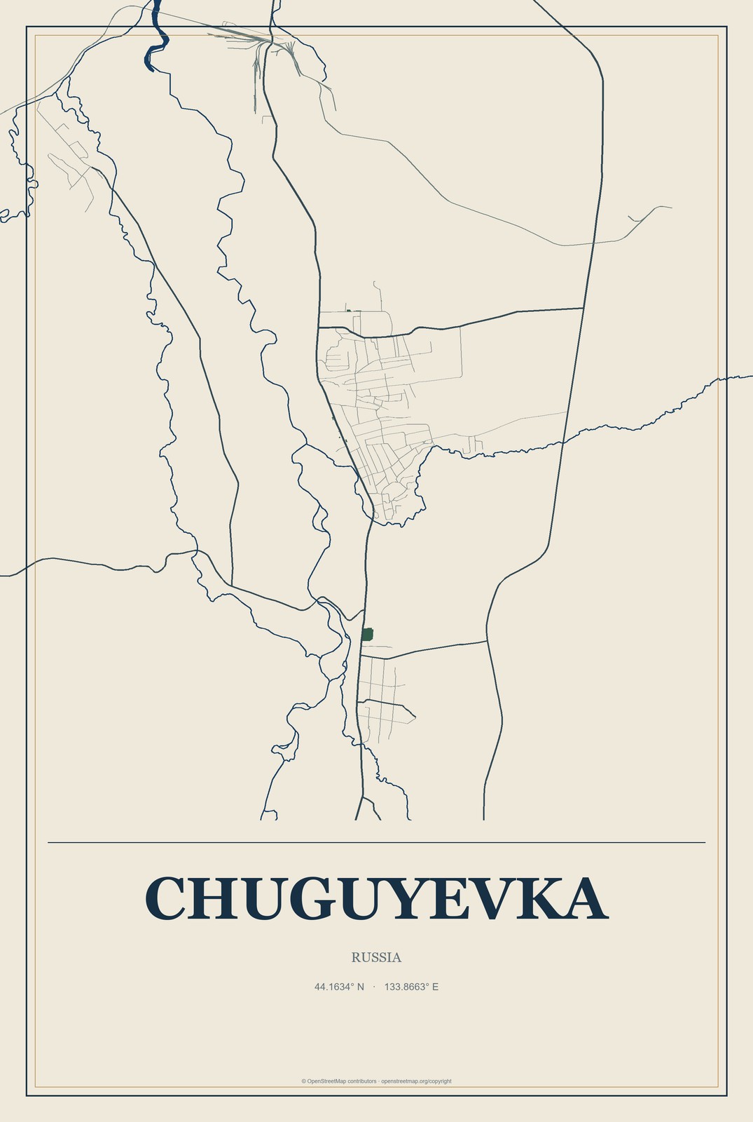 Chuguyevka, Russia City Map Aluminum Sign in Coastal Cutout style