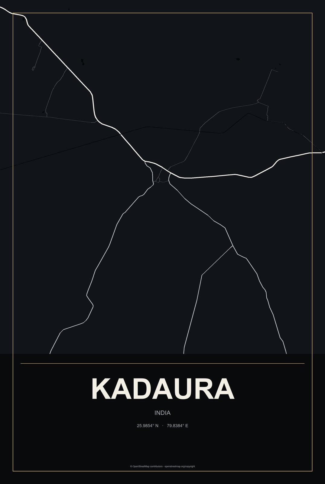 Kadaura, India City Map Aluminum Sign in Metropolitan Noir style