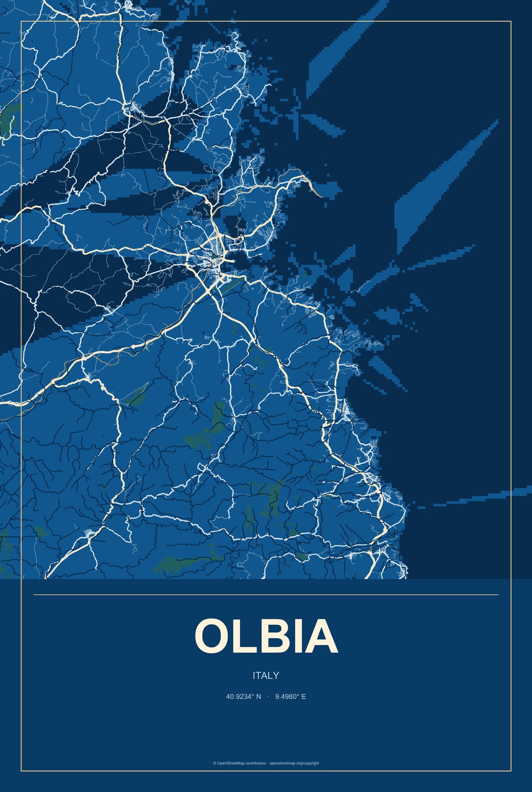 Olbia, Italy City Map Aluminum Sign in Harbor Cobalt style