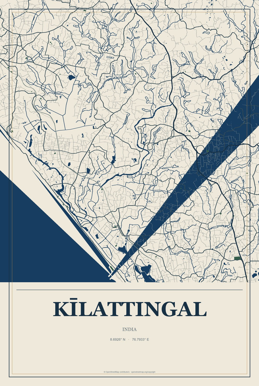 Kīlattingal, India City Map Aluminum Sign in Coastal Cutout style