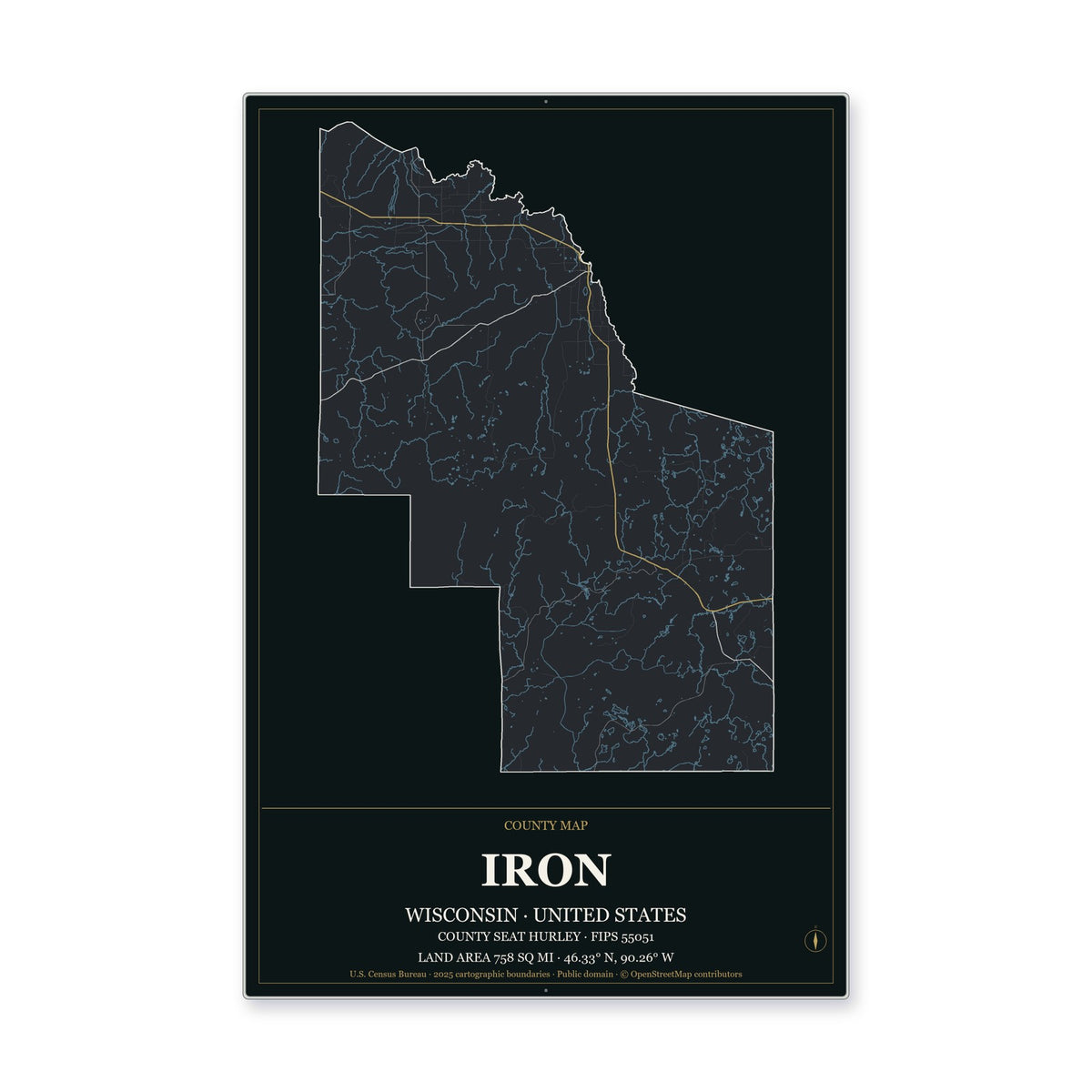 Iron County, Wisconsin Map Aluminum Sign in Metropolitan Noir style