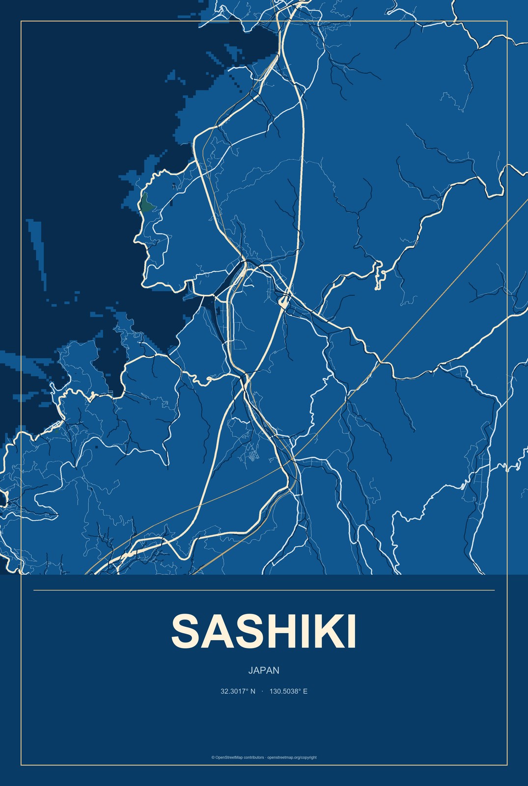 Sashiki, Japan City Map Aluminum Sign in Harbor Cobalt style