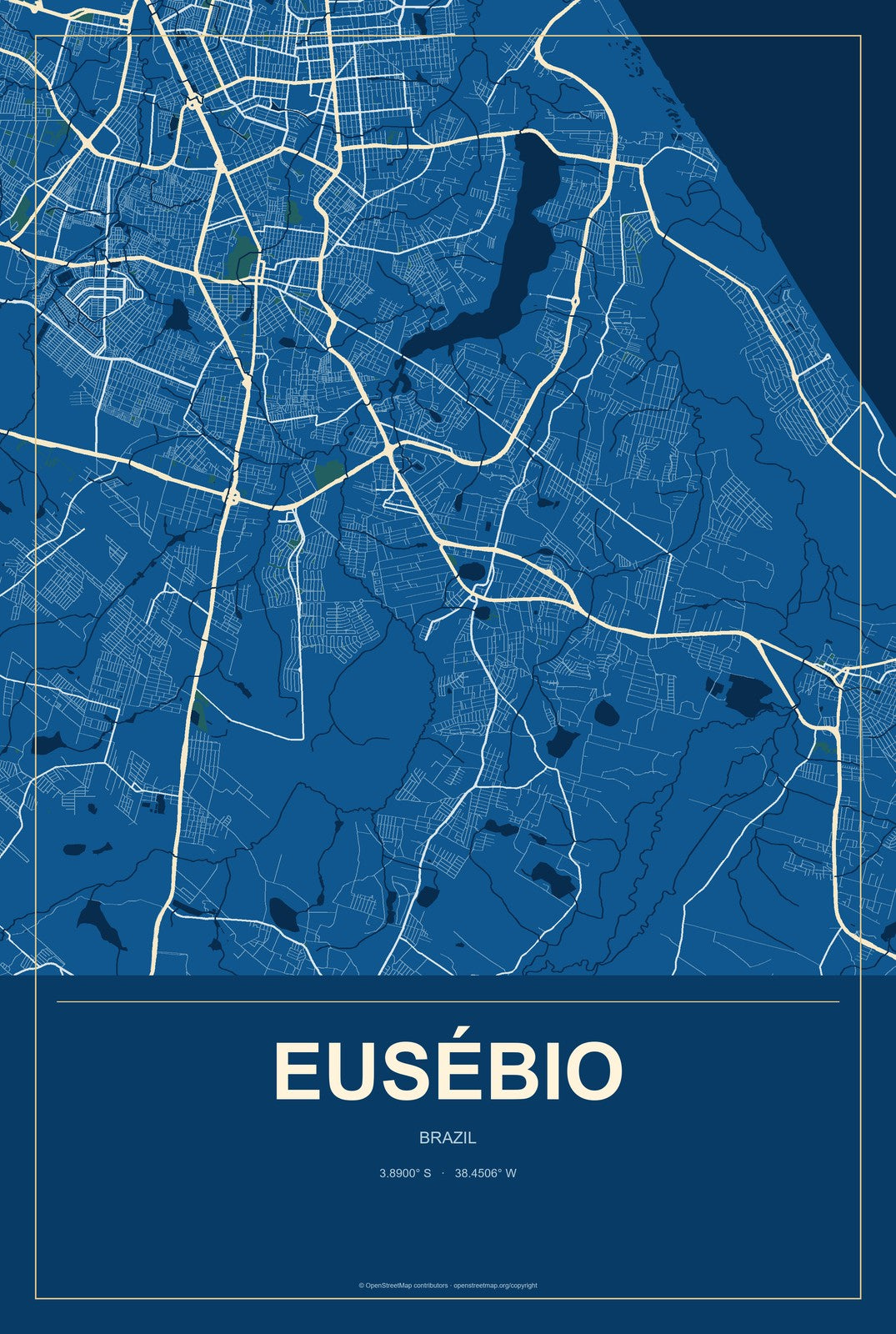 Eusébio, Brazil City Map Aluminum Sign in Harbor Cobalt style