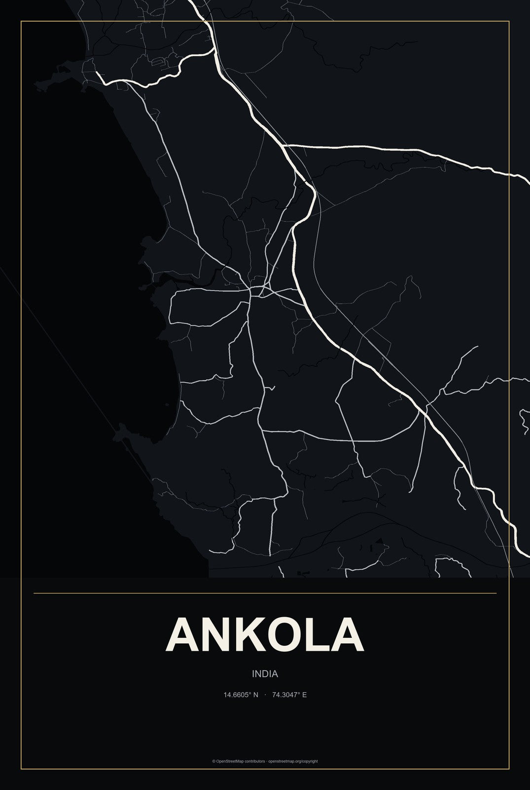 Ankola, India City Map Aluminum Sign in Metropolitan Noir style