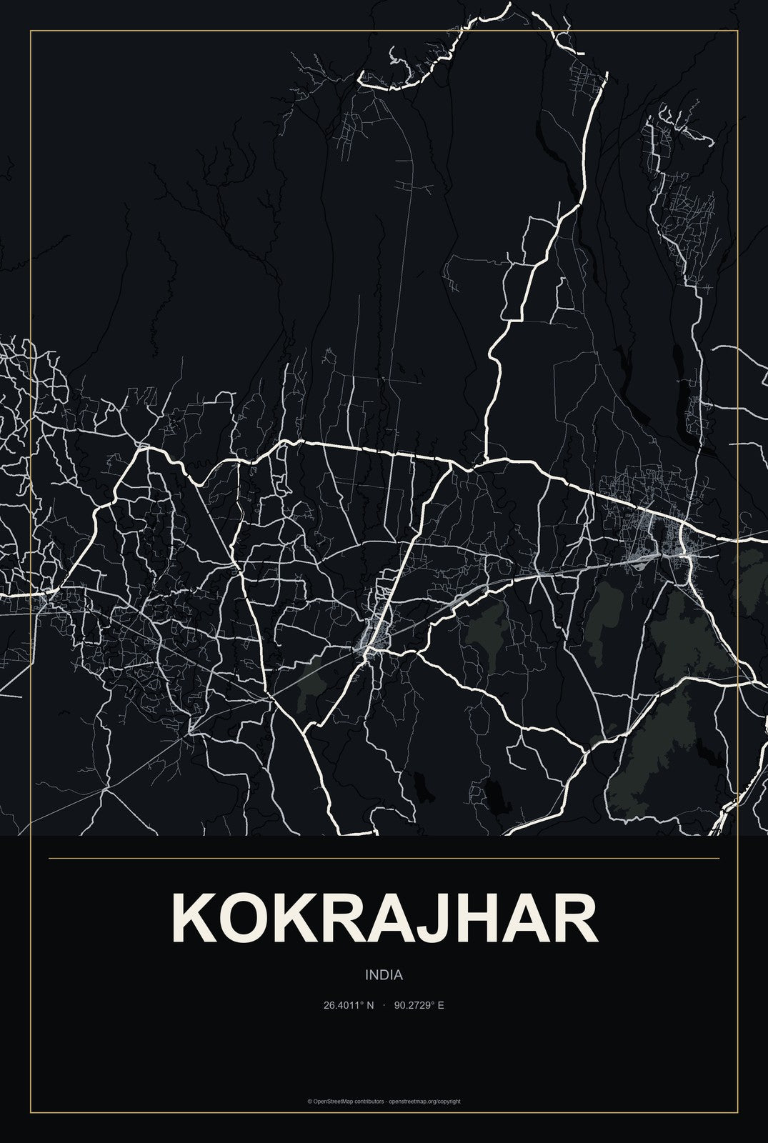 Kokrajhar, India City Map Aluminum Sign in Metropolitan Noir style