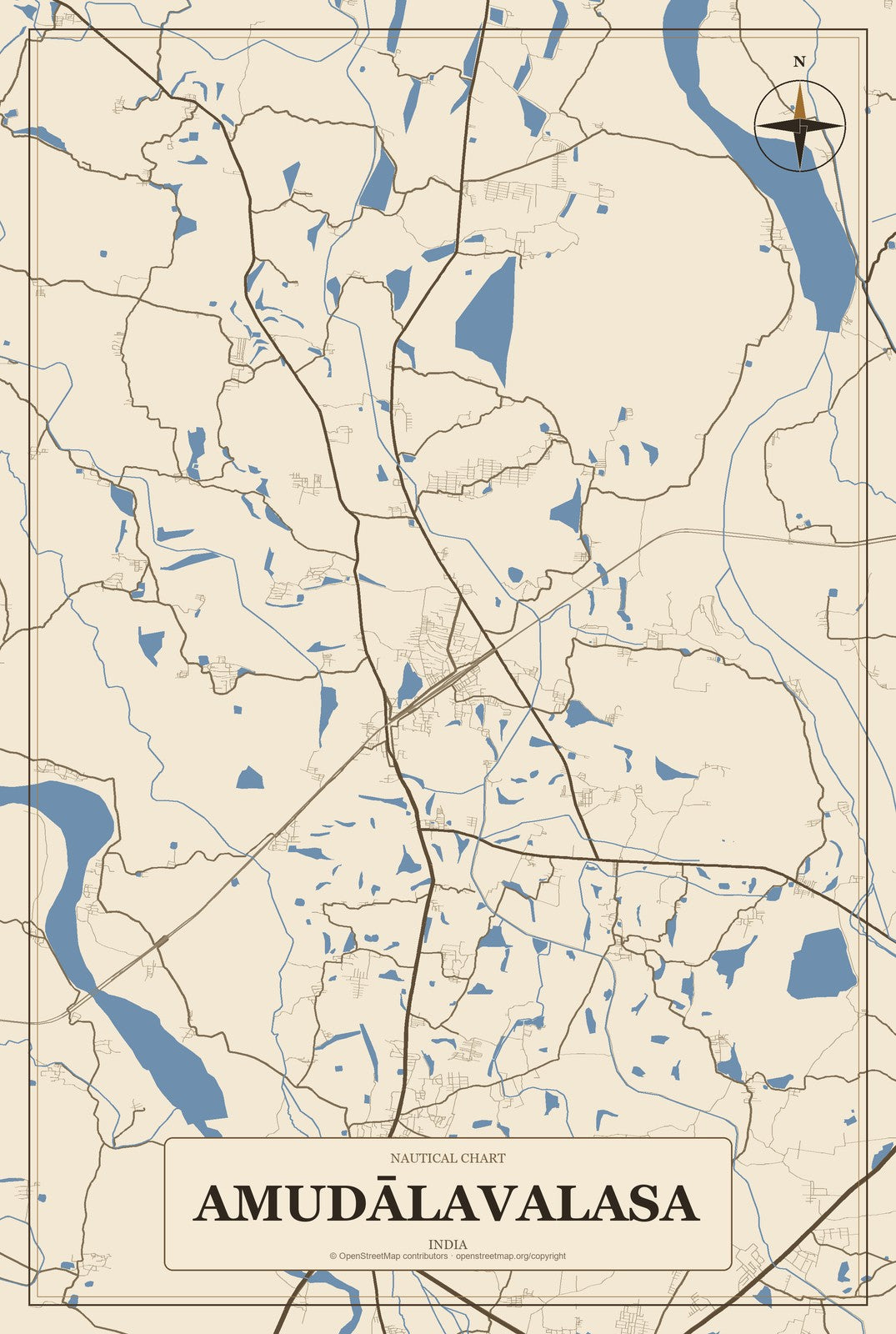 Amudālavalasa, India City Map Aluminum Sign in Heritage Nautical style