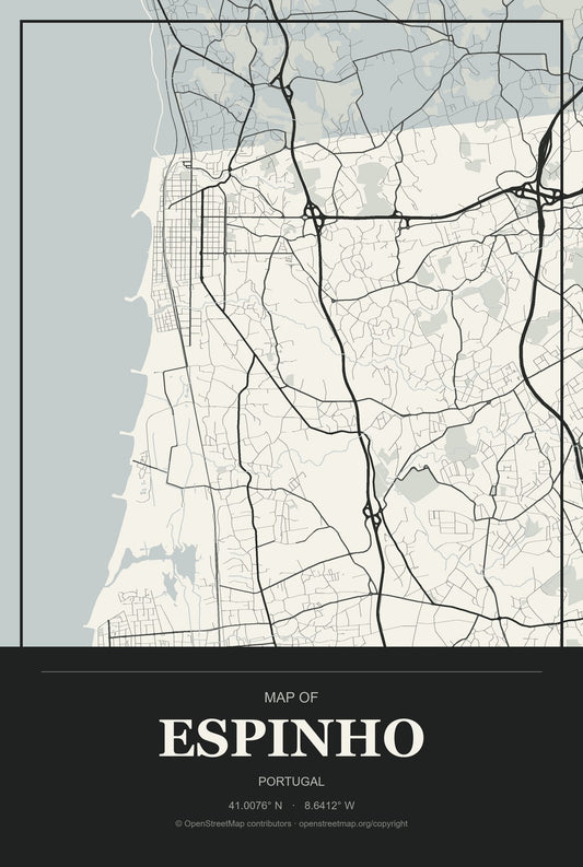 Espinho, Portugal City Map Aluminum Sign in Museum Plaque style
