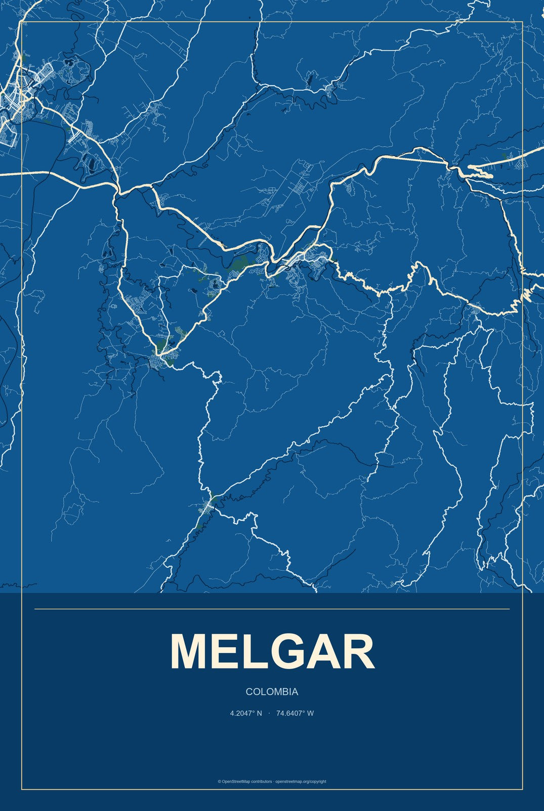 Melgar, Colombia City Map Aluminum Sign in Harbor Cobalt style