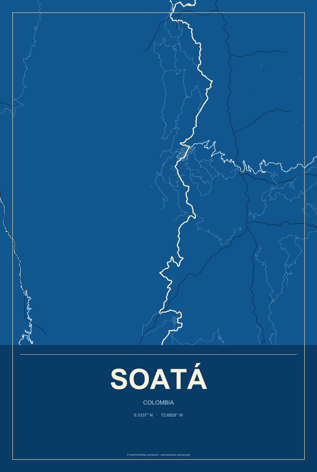 Soatá, Colombia City Map Aluminum Sign in Harbor Cobalt style
