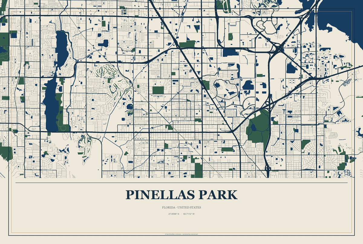 Pinellas Park, Florida City Map Aluminum Sign in Coastal Cutout style