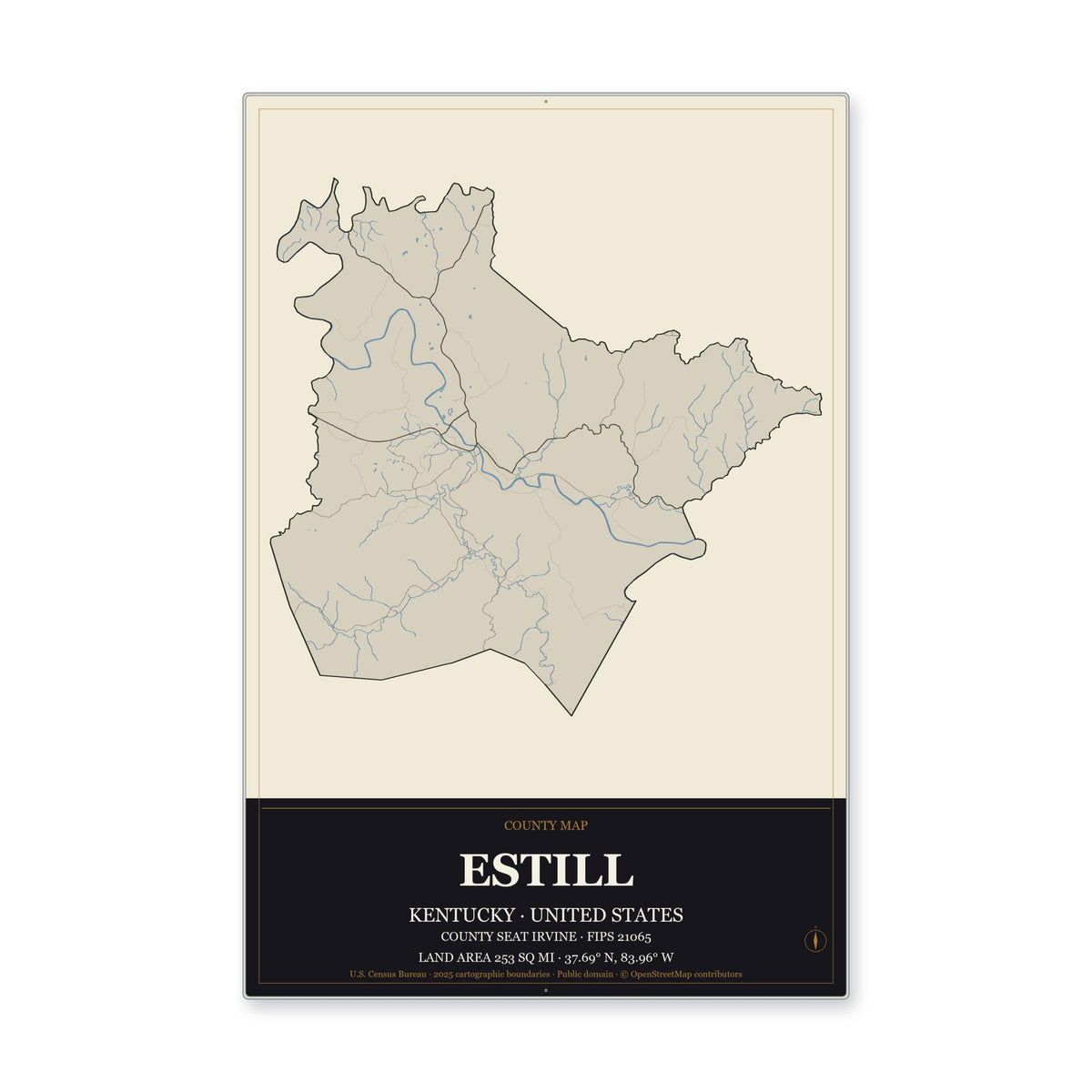 Estill County, Kentucky Map Aluminum Sign in Museum Plaque style